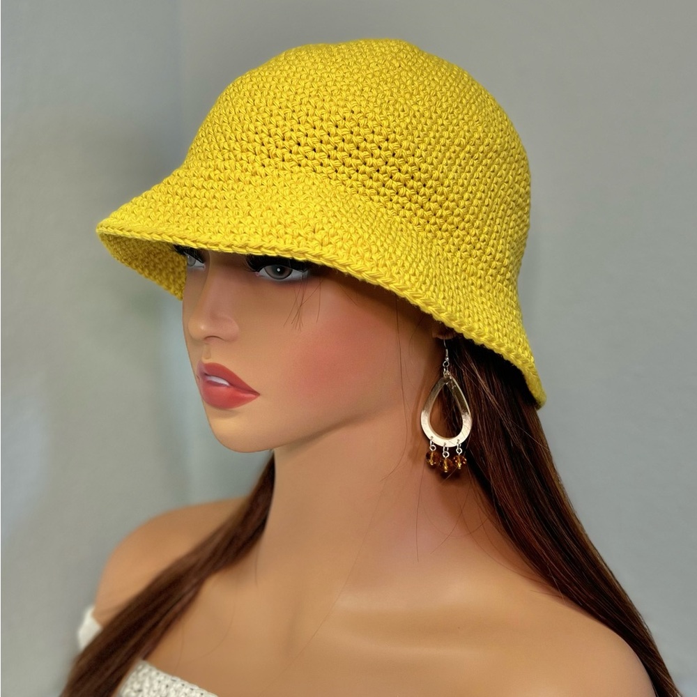 Crochet Yellow Bucket Hat Handmade Cotton Sun Hat Short Brim Adult